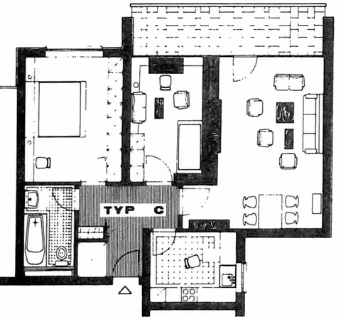 Zwangsversteigerung Eigentumswohnung in Dietzenbach, Ortskernrand – Grundriss der Wohnung Nr. 422 (Typ C) im 6. Obergeschoss.