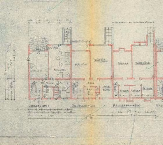Zwangsversteigerung Einfamilienhaus in Duisburg, Neumühl – Historischer Grundriss aus der digitalen Hausakte der Stadt Duisburg.
