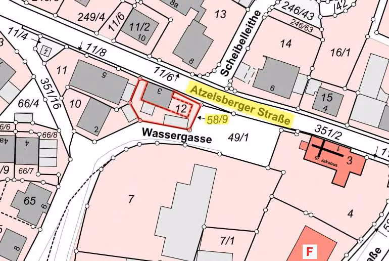 Zwangsversteigerung Stellplatz/Garage in Marloffstein – Lageplanausschnitt mit Flurstück 58/9.