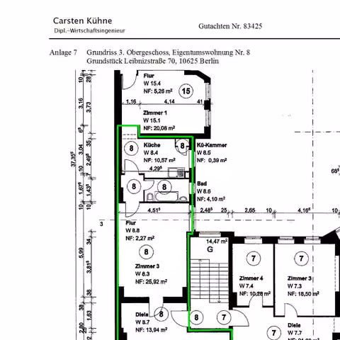 Zwangsversteigerung Eigentumswohnung in Berlin, Charlottenburg – Grundriss des 3. Obergeschosses mit detaillierter Raumaufteilung der Wohnung Nr. 8.