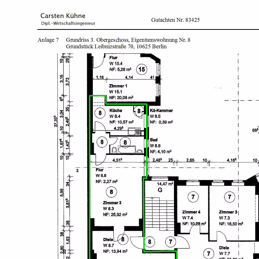 Zwangsversteigerung Eigentumswohnung in Berlin, Charlottenburg – Grundriss des 3. Obergeschosses mit detaillierter Raumaufteilung der Wohnung Nr. 8.