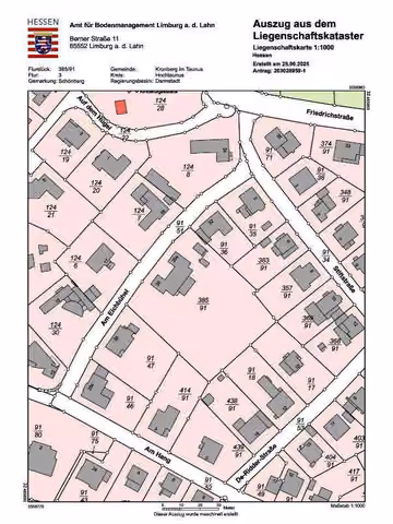 Zwangsversteigerung Einfamilienhaus in Kronberg im Taunus, Schönberg – Auszug aus dem Liegenschaftskataster/Flurkarte.