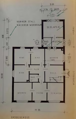 Zwangsversteigerung Zweifamilienhaus in Löhne, Mennighüffen – Grundrisszeichnung des Erdgeschosses mit Anbau.