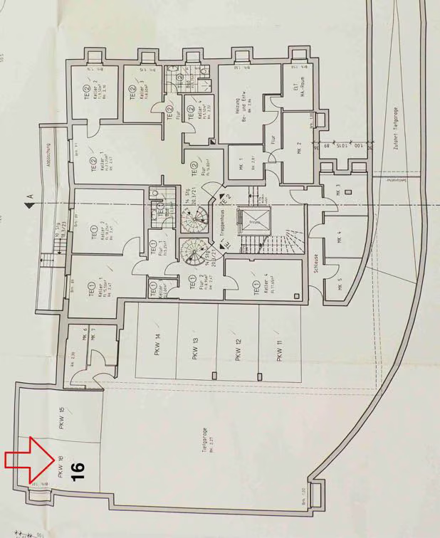 Zwangsversteigerung Stellplatz/Garage in Berlin, Grunewald – Grundriss des Untergeschosses mit Markierung des Stellplatzes PKW 16.