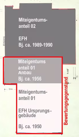 Zwangsversteigerung Einfamilienhaus in Rodgau, Jügesheim – Aufteilungsplan der Miteigentumsanteile 01 und 02.