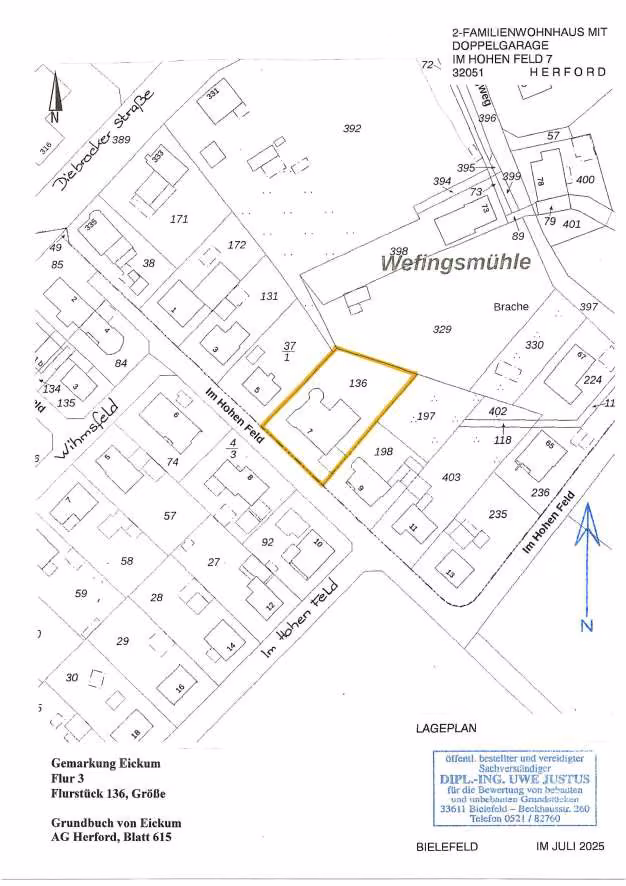 Zwangsversteigerung Zweifamilienhaus in Herford, Eickum – Lageplan des Grundstücks Im Hohen Felde 7.