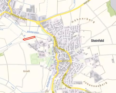 Zwangsversteigerung in Gemünden, Steinfeld – Kartenausschnitt mit farblicher Markierung des Flurstücks 800 westlich von Steinfeld.