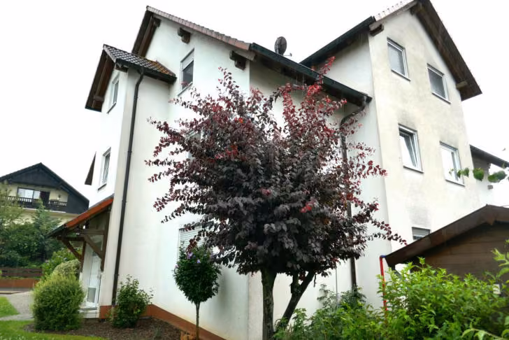 Zwangsversteigerung Eigentumswohnung in Großostheim, Pflaumheim – Eingangsbereich des Mehrfamilienhauses mit Vordach.