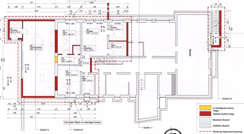 Zwangsversteigerung Einfamilienhaus in Hattingen, Winz-Baak – Grundriss des Kellergeschosses mit geplanter Einliegerwohnung.