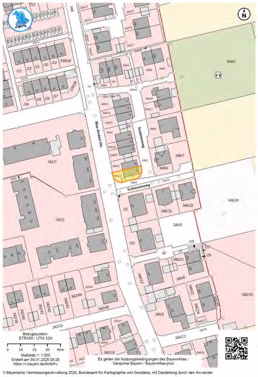 Zwangsversteigerung Doppelhaushälfte in Neufahrn b. Freising – Katasterkarte mit Kennzeichnung des Flurstücks 349/22.