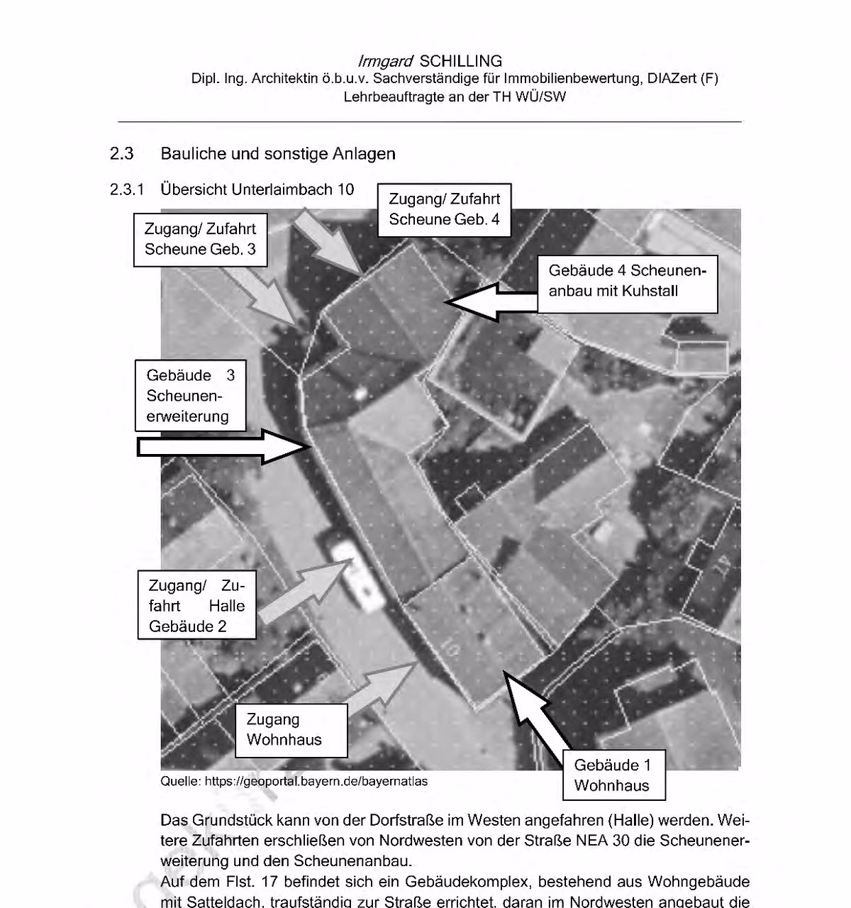 Zwangsversteigerung Einfamilienhaus in Scheinfeld, Unterlaimbach – Luftbild mit Gebäudeübersicht und Kennzeichnung der Zugänge.