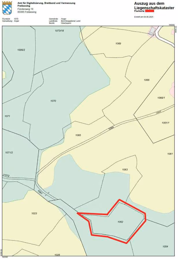 Zwangsversteigerung Grundstück in Anger, Stoißberg – Amtlicher Katasterlageplan mit rot umrandeter Flurnummer 1062.