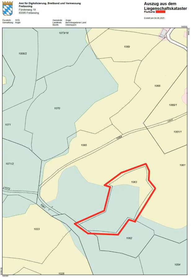 Zwangsversteigerung Grundstück in Anger, Stoißberg – Amtlicher Katasterlageplan mit Abgrenzung des Flurstücks 1063.