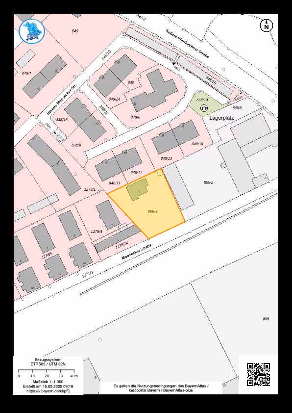 Zwangsversteigerung Einfamilienhaus in Simbach am Inn – Flurkarte mit Kennzeichnung des Flurstücks 855/3.