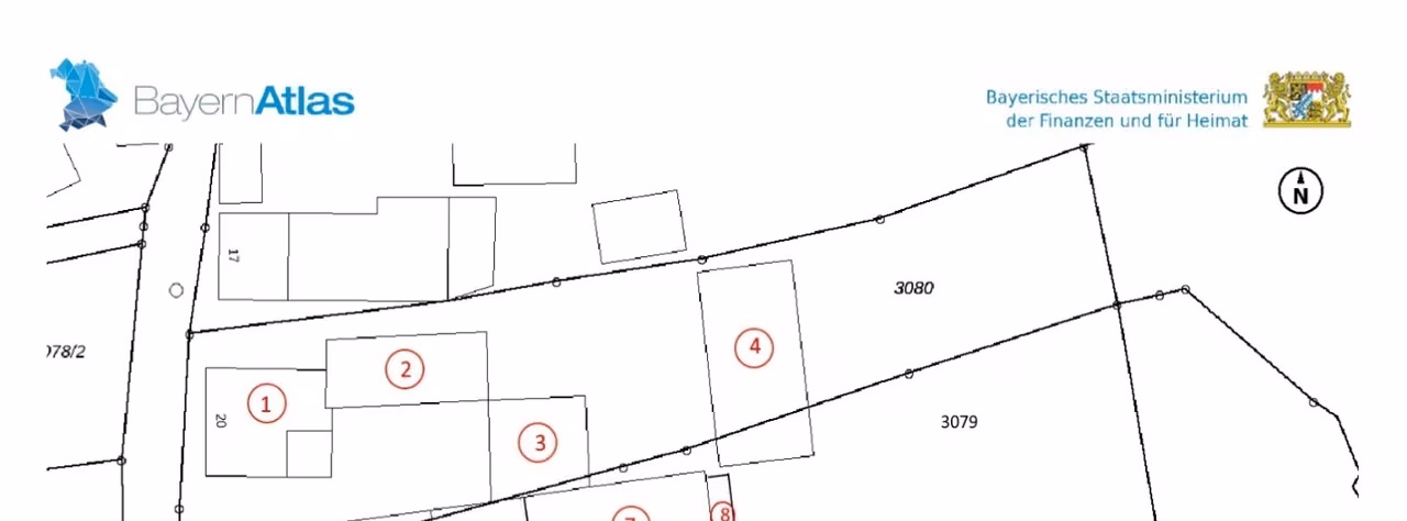 Zwangsversteigerung Grundstück in Windorf, Hitzing – Lageplan der Gebäudeaufteilung auf den Flurstücken 3079 und 3080.
