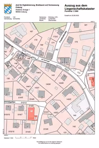 Zwangsversteigerung in Michelau i. Ofr., Schwürbitz – Auszug aus dem Liegenschaftskataster mit Flurstücken 143 und 144.