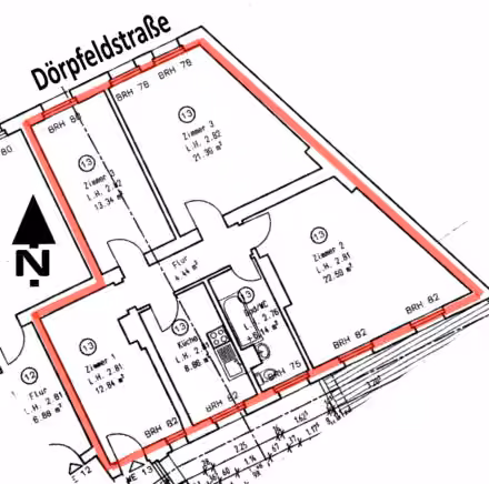 Zwangsversteigerung Eigentumswohnung in Berlin, Adlershof – Grundrisszeichnung der 4-Zimmer-Wohnung Nr. 13 im 3. Obergeschoss.