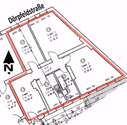 Zwangsversteigerung Eigentumswohnung in Berlin, Adlershof – Grundrisszeichnung der 4-Zimmer-Wohnung Nr. 13 im 3. Obergeschoss.