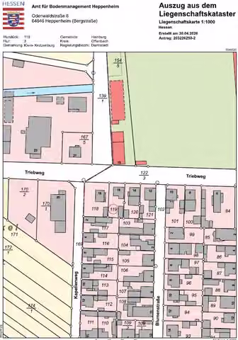 Zwangsversteigerung Einfamilienhaus in Hainburg, Klein-Krotzenburg – Amtlicher Katasterauszug mit Flurstück 119 und umliegender Bebauung.