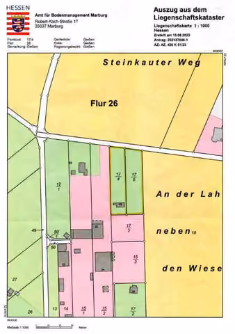Zwangsversteigerung in Gießen – Auszug aus der Liegenschaftskarte Flur 26 mit Kennzeichnung der Flurstücke.
