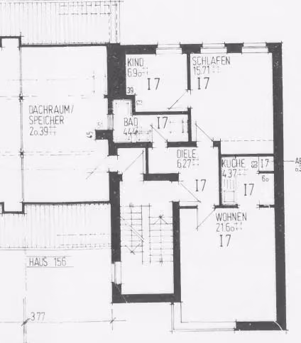 Zwangsversteigerung Eigentumswohnung in Hagen, Haspe – Grundrisszeichnung der Eigentumswohnung Nr. I 7 im 3. Obergeschoss mit Dachraum.