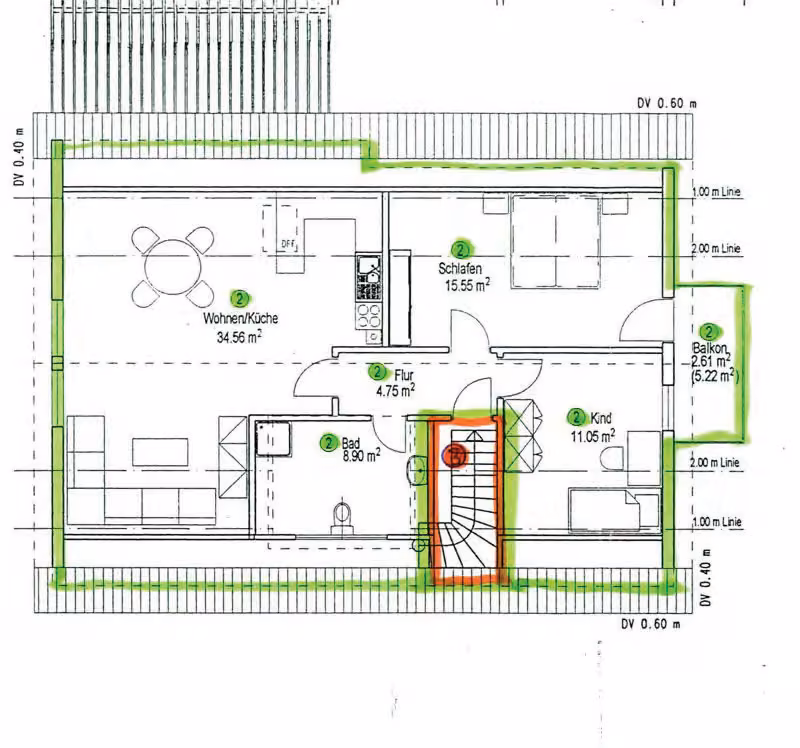 Zwangsversteigerung Eigentumswohnung in Lichtenau, Husen – Grundriss des Dachgeschosses mit Raumaufteilung der Eigentumswohnung Nr. 2.