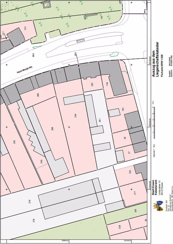 Zwangsversteigerung Gewerbe in Essen, Bochold – Katasterplan und Flurstücksgrenzen des Grundstücks Haus-Berge-Straße 183-185.
