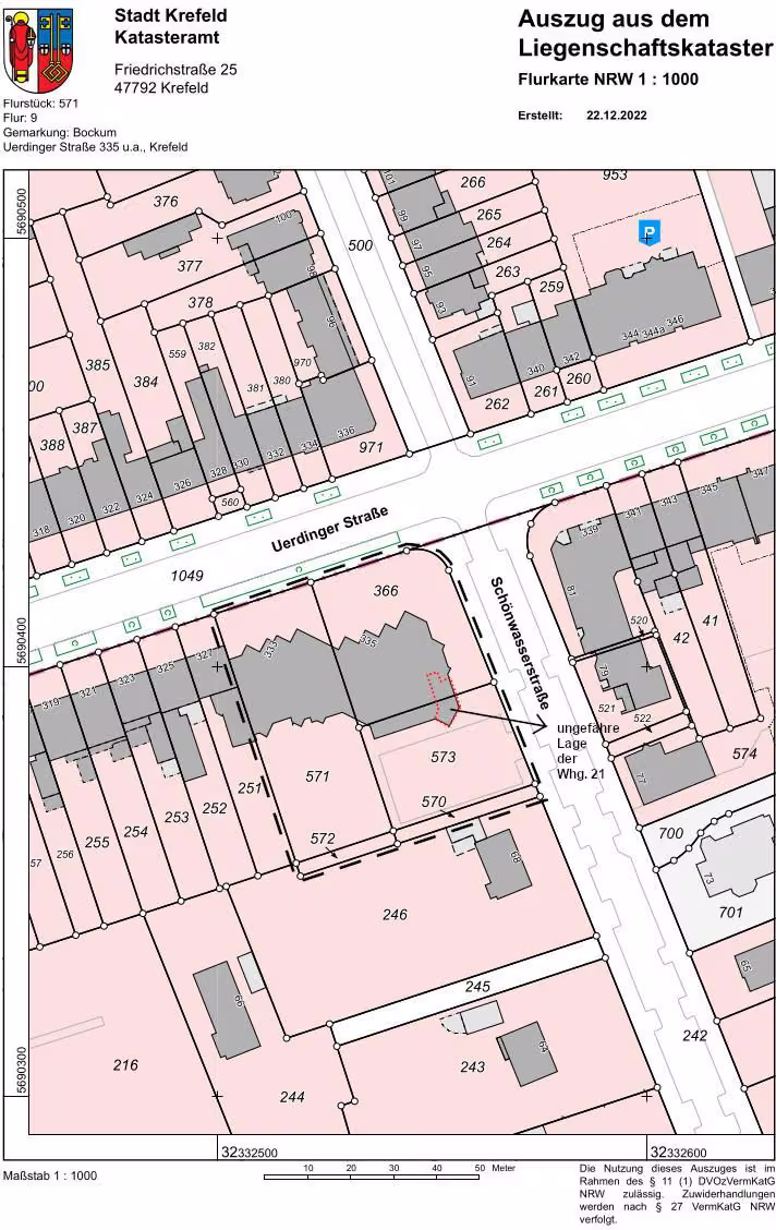 Zwangsversteigerung Eigentumswohnung in Krefeld, Bockum – Flurkarte der Liegenschaft Uerdinger Straße 333, 335 mit Umgebungsbebauung.