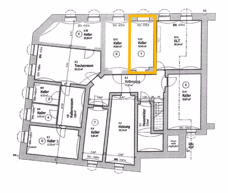Zwangsversteigerung Eigentumswohnung in Zeitz, Innenstadt – Grundriss Kellergeschoss mit Zuordnung des Kellerraums zur Wohnung Nr. 1.