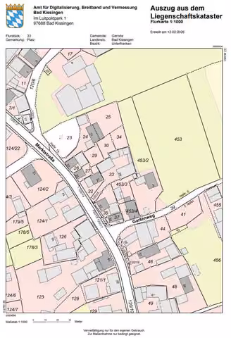 Zwangsversteigerung Einfamilienhaus in Geroda, Platz – Flurkarte mit Kennzeichnung der Flurstücke 33 und 34.