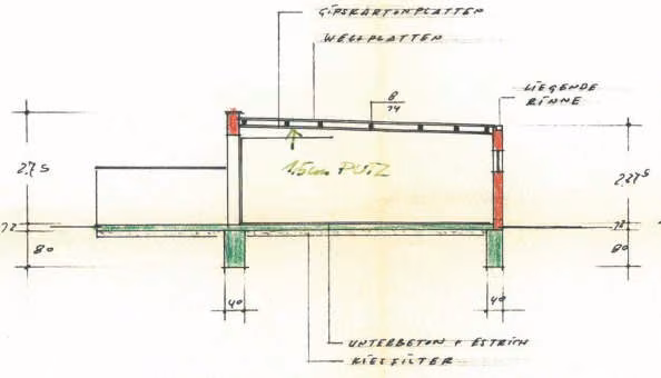 Zwangsversteigerung Stellplatz/Garage in Gochsheim, Weyer – Eingabeplan mit Grundriss und Schnitt der Garage im Maßstab 1 : 100.