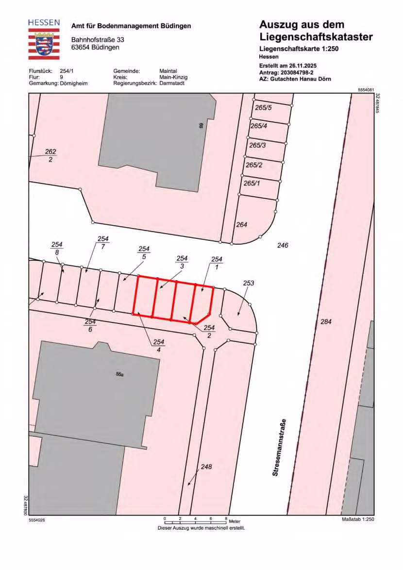Zwangsversteigerung in Maintal, Dörnigheim – Auszug aus der amtlichen Liegenschaftskarte mit Kennzeichnung der Stellplatzparzellen.