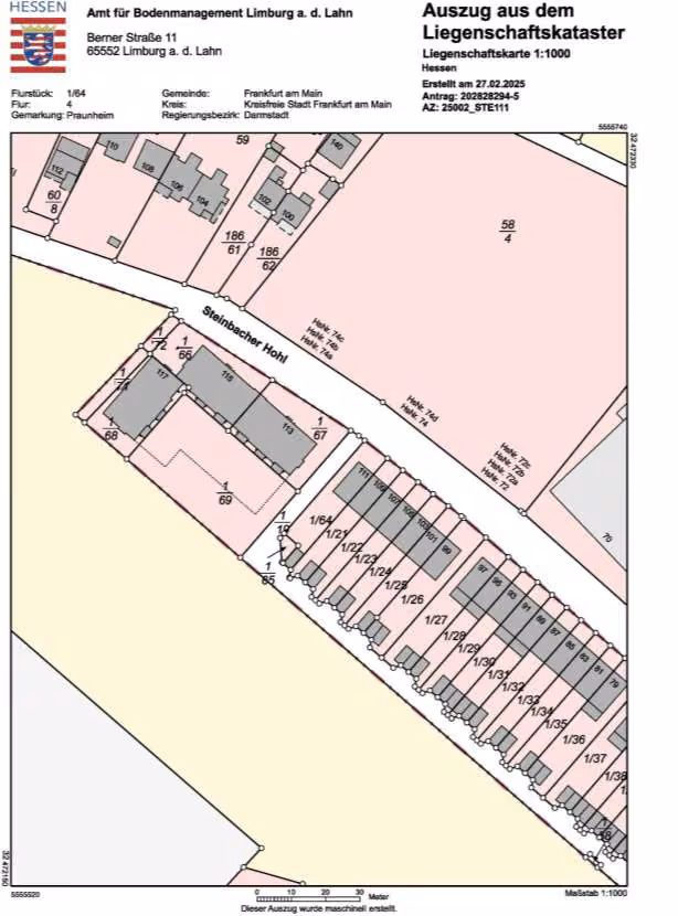 Zwangsversteigerung Grundstück in Frankfurt am Main, Praunheim – Auszug aus der Liegenschaftskarte mit Kennzeichnung des Flurstücks 1/64.