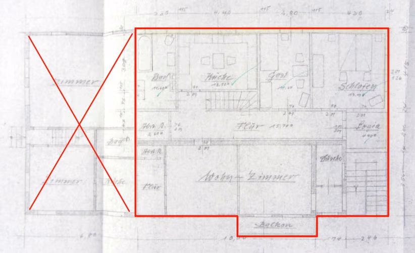 Zwangsversteigerung Zweifamilienhaus in Reichelsheim, Laudenau – Grundrisszeichnung des 1. Obergeschosses aus den Bauakten.
