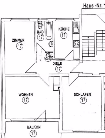 Zwangsversteigerung Eigentumswohnung in Mülheim an der Ruhr, Heißen / Fulerum – Grundriss der Wohnungseinheit Nr. 17 im Erdgeschoss rechts.