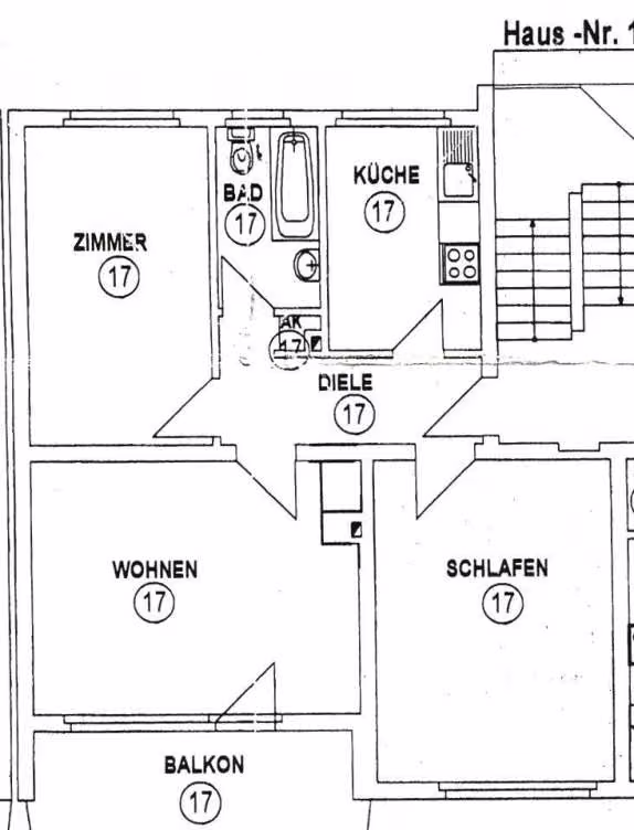 Zwangsversteigerung Eigentumswohnung in Mülheim an der Ruhr, Heißen / Fulerum – Grundriss der Wohnungseinheit Nr. 17 im Erdgeschoss rechts.