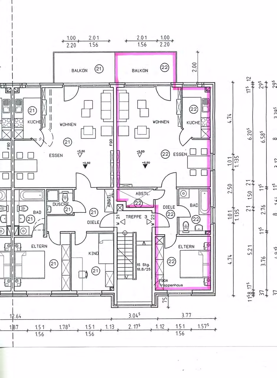 Zwangsversteigerung Eigentumswohnung in Düsseldorf, Holthausen – Grundriss des 2. Obergeschosses mit Markierung der Wohnung Nr. 22.