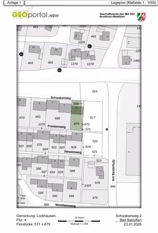 Zwangsversteigerung Zweifamilienhaus in Bad Salzuflen, Lockhausen – Amtlicher Lageplan mit Darstellung der Flurstücke und des Überbaus.