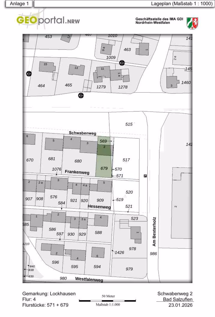Zwangsversteigerung Zweifamilienhaus in Bad Salzuflen, Lockhausen – Amtlicher Lageplan mit Darstellung der Flurstücke und des Überbaus.