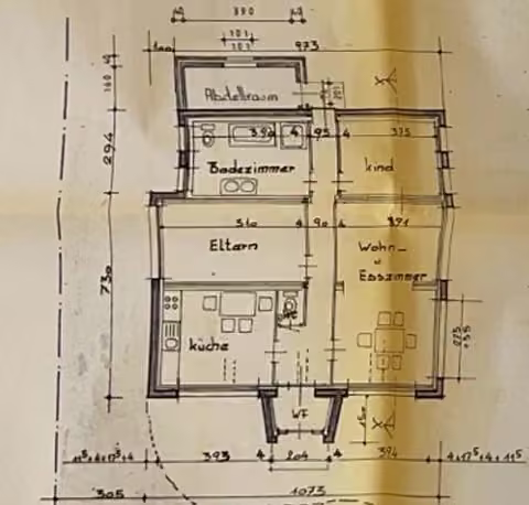 Zwangsversteigerung Einfamilienhaus in Selfkant, Hoengen – Grundrisszeichnung Erdgeschoss aus der Bauakte.