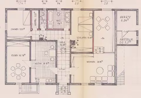 Zwangsversteigerung Zweifamilienhaus in Bochum, Höntrop – Grundrissplan des Erdgeschosses mit Markierung der nicht ausgebauten Flächen.