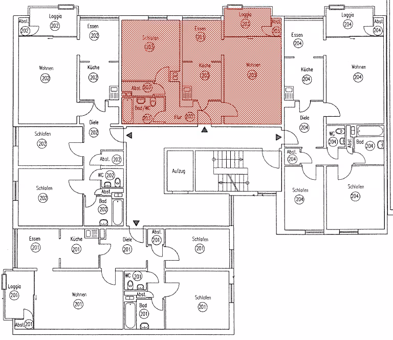 Zwangsversteigerung Eigentumswohnung in Dortmund, Nette – Grundriss des 2. Obergeschosses mit Markierung der Wohnung Nr. 203.