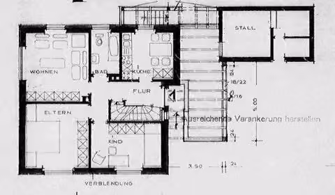 Zwangsversteigerung Einfamilienhaus in Bad Essen, Eielstädt – Grundrissplan des Erdgeschosses mit Stallanbau.