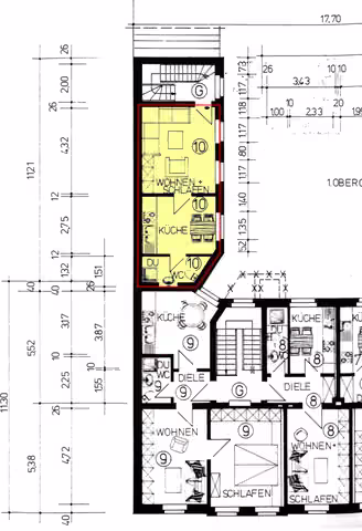 Zwangsversteigerung Eigentumswohnung in Oberhausen, Alt-Oberhausen – Grundrissplan des 1. Obergeschosses im Anbau mit Wohnung Nr. 10.