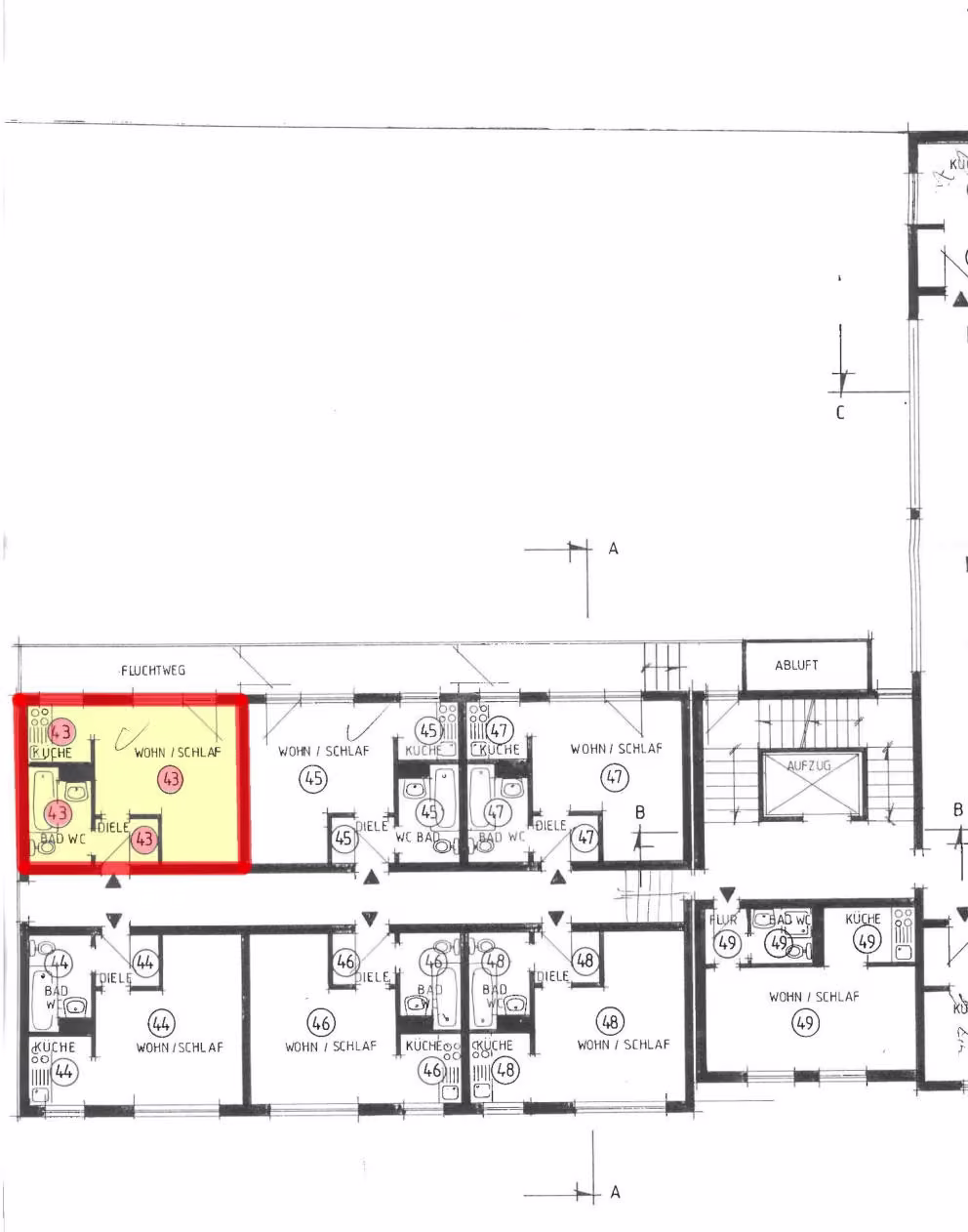 Zwangsversteigerung Eigentumswohnung in Oberhausen, Alt-Oberhausen – Grundriss des 4. Obergeschosses mit Markierung der Wohnung Nr. 43