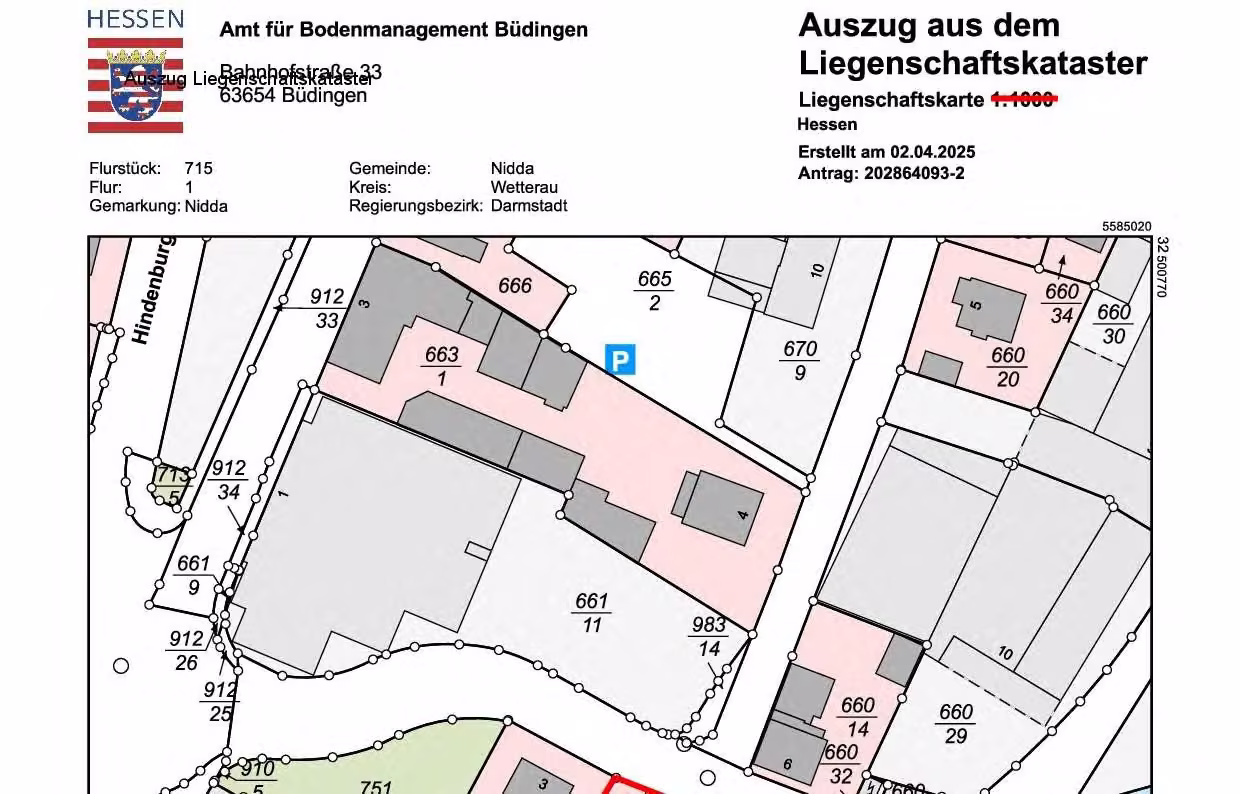 Zwangsversteigerung Zweifamilienhaus in Nidda – Auszug aus der Liegenschaftskarte mit Flurstück 715.