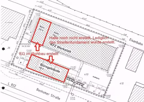 Zwangsversteigerung Büro in Lippstadt – Ausschnitt des Lageplans aus der Bauakte mit Kennzeichnung der Baukörper.