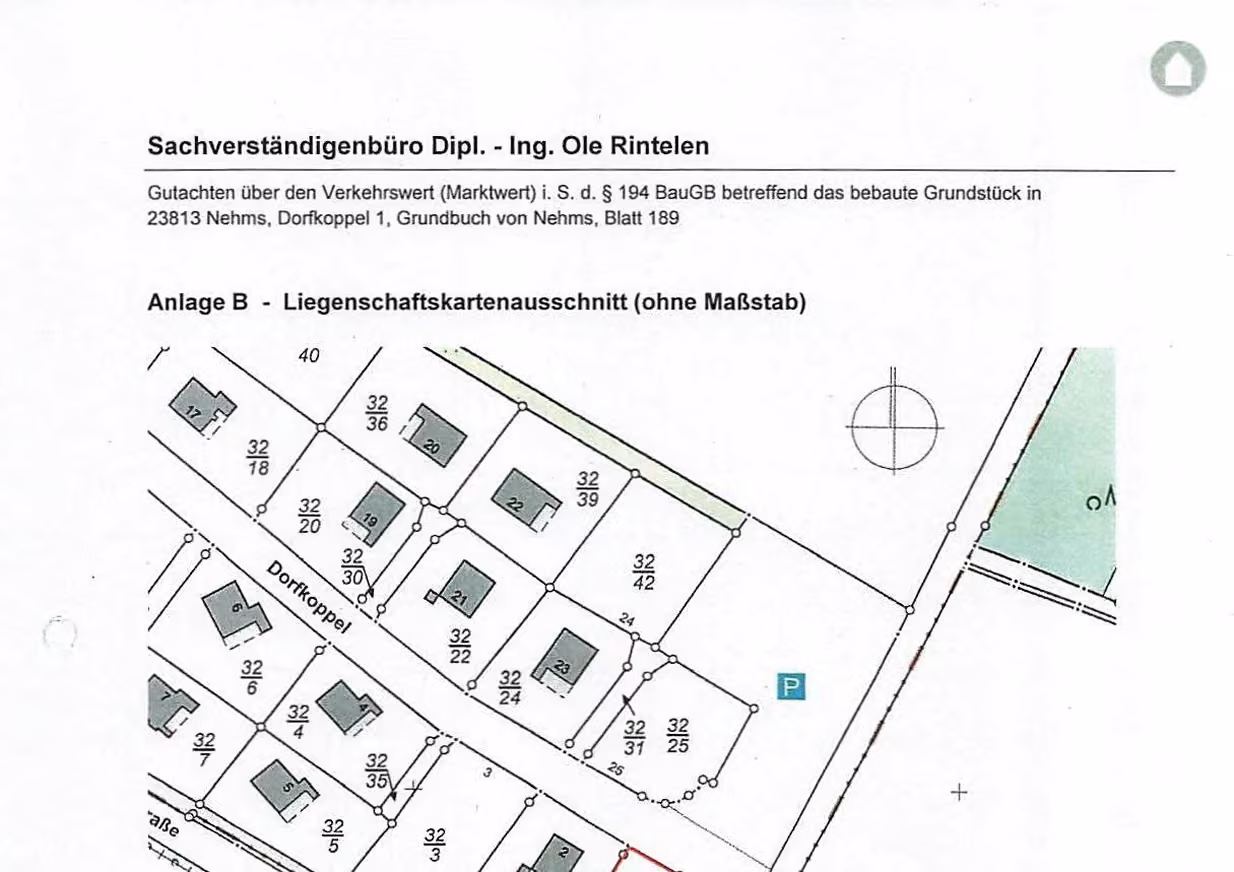 Zwangsversteigerung in Nehms, Grönwohld – Liegenschaftskartenausschnitt mit Flurstück 32/1 und Eckgrundstücksgrenzen.