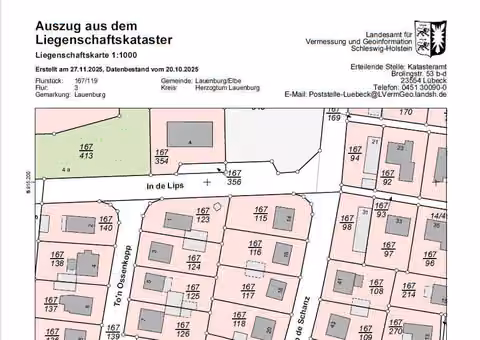 Zwangsversteigerung Einfamilienhaus in Lauenburg/Elbe – Auszug aus der amtlichen Liegenschaftskarte Flurstück 167/119.