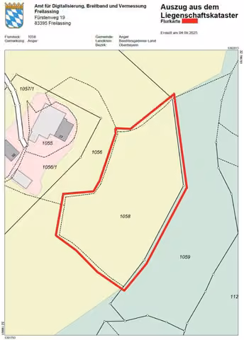 Zwangsversteigerung Landwirtschaft in Anger, Stoißberg – Amtlicher Flurkartenauszug mit Grenzverlauf des Flurstücks 1058.